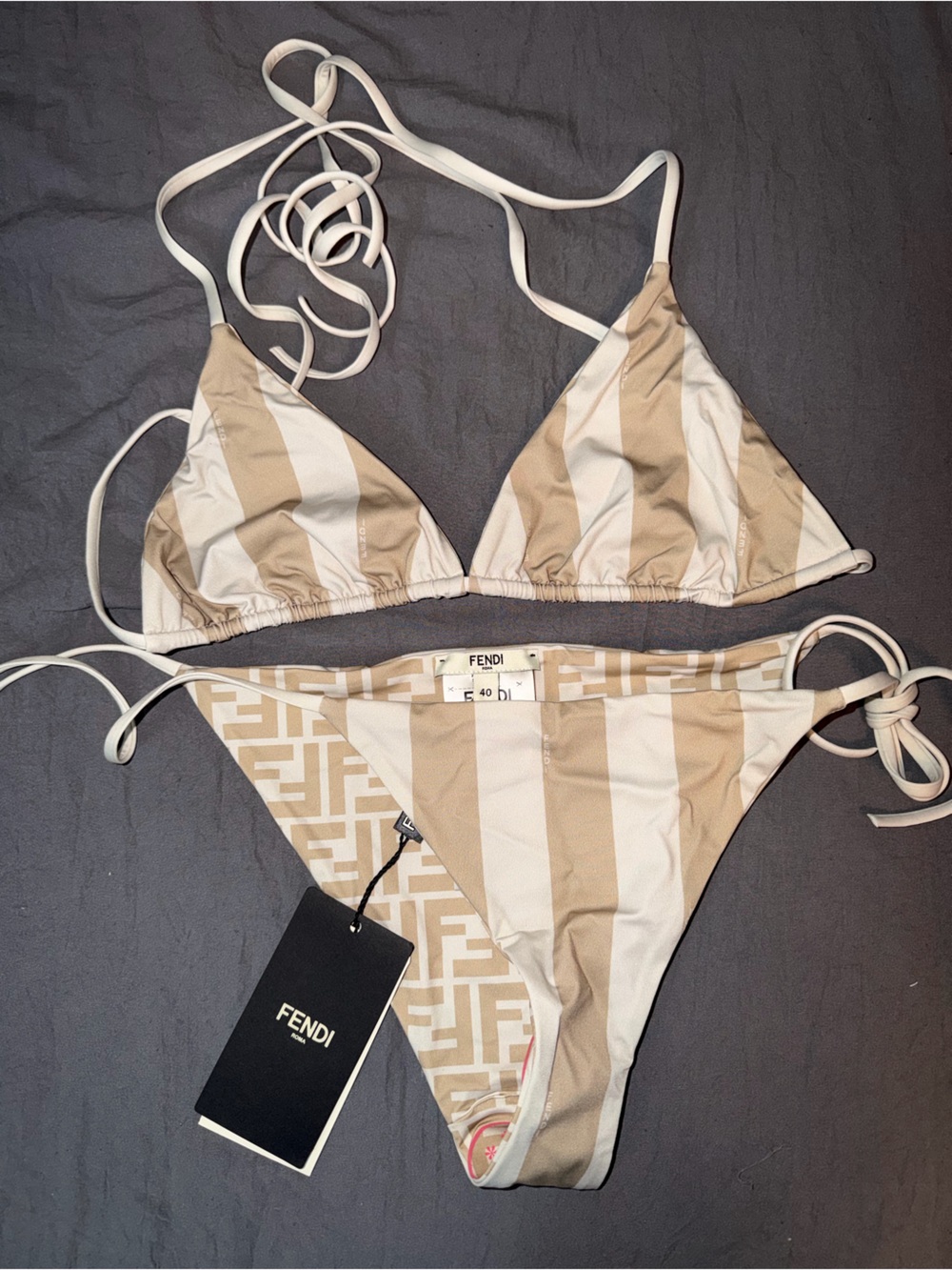 Fendi Beige & White Striped Triangle Bikini